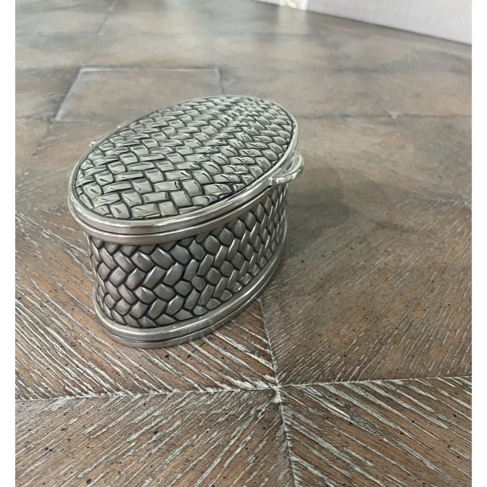 Vtg Godinger Silver Metal Basket Weave Hinge Lidded Trinket‎ Box Velvet Lining